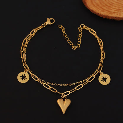 Heart Charms Chain Bracelet Gold Plated – Double Layer, Anti-Tarnish, Waterproof, Minimalist Style (GOLD)