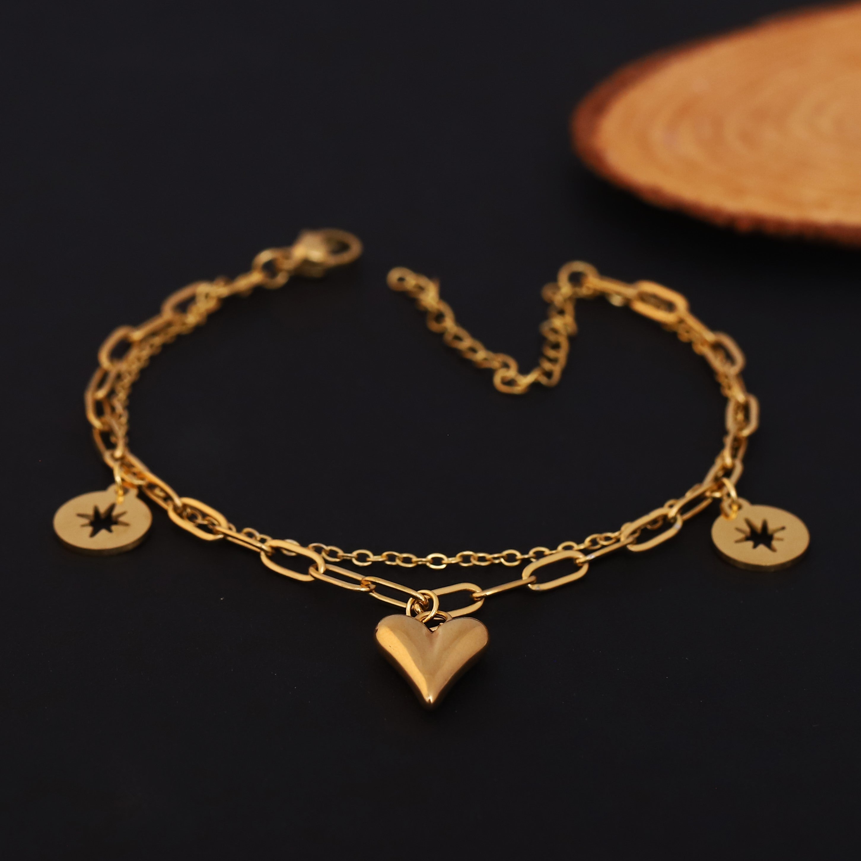 Heart Charms Chain Bracelet Gold Plated – Double Layer, Anti-Tarnish, Waterproof, Minimalist Style (GOLD)