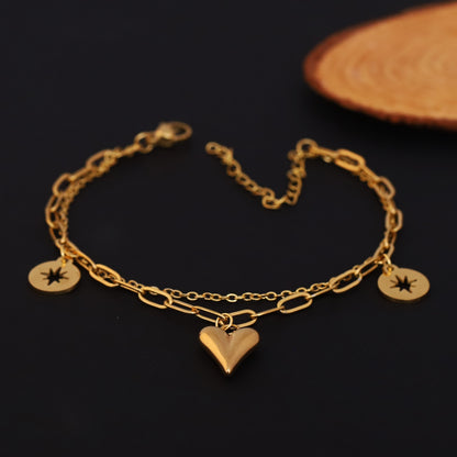 Heart Charms Chain Bracelet Gold Plated – Double Layer, Anti-Tarnish, Waterproof, Minimalist Style (GOLD)