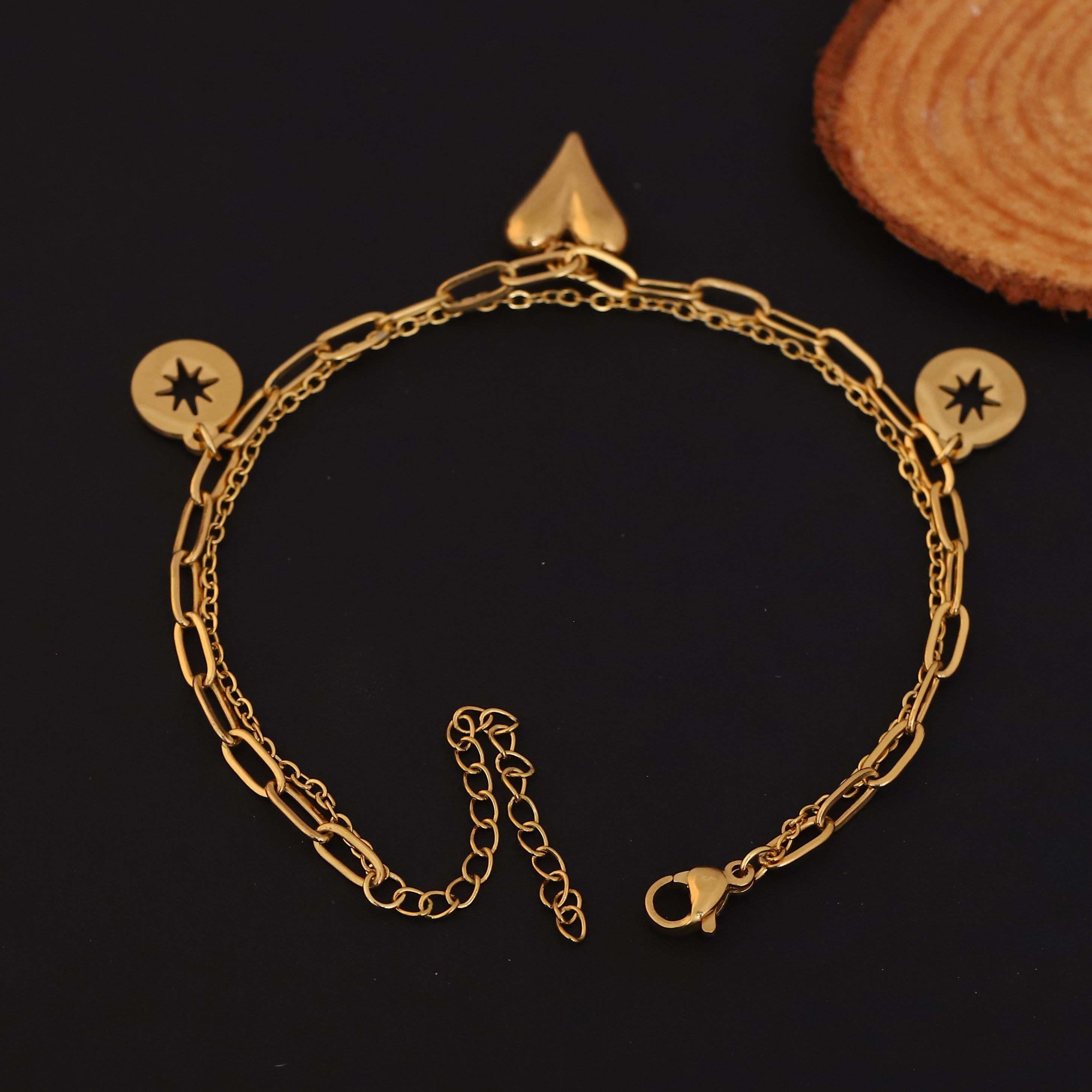 Heart Charms Chain Bracelet Gold Plated – Double Layer, Anti-Tarnish, Waterproof, Minimalist Style (GOLD)