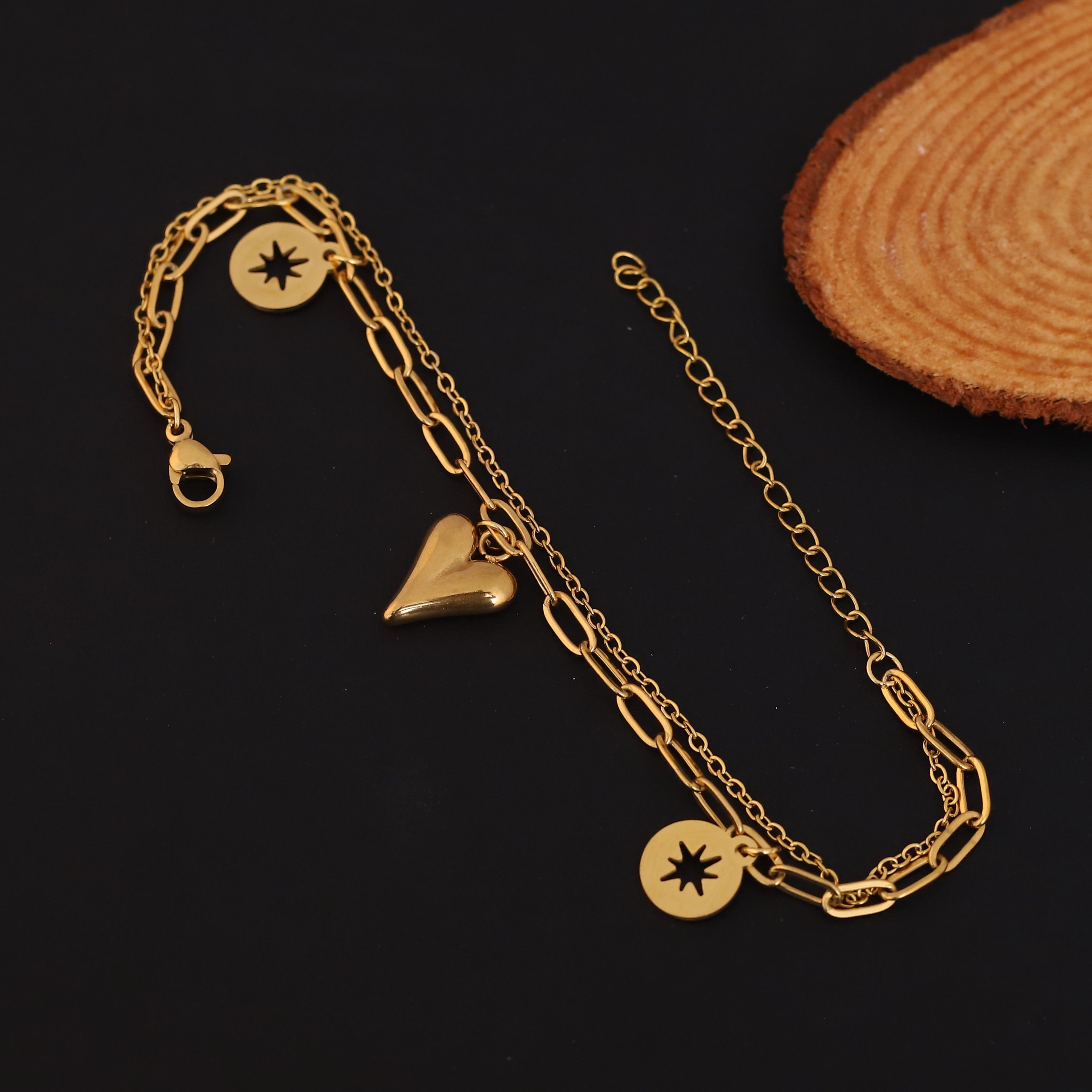 Heart Charms Chain Bracelet Gold Plated – Double Layer, Anti-Tarnish, Waterproof, Minimalist Style (GOLD)