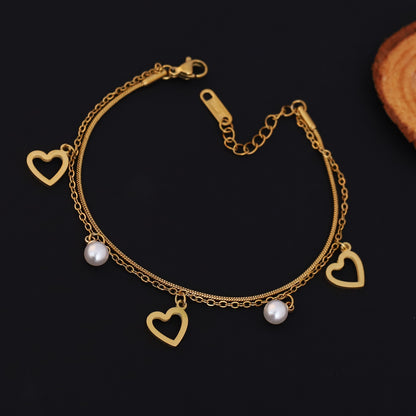 Heart Charms Chain Bracelet Gold Plated – Double Layer, Anti-Tarnish, Waterproof, Minimalist Style (GOLD)