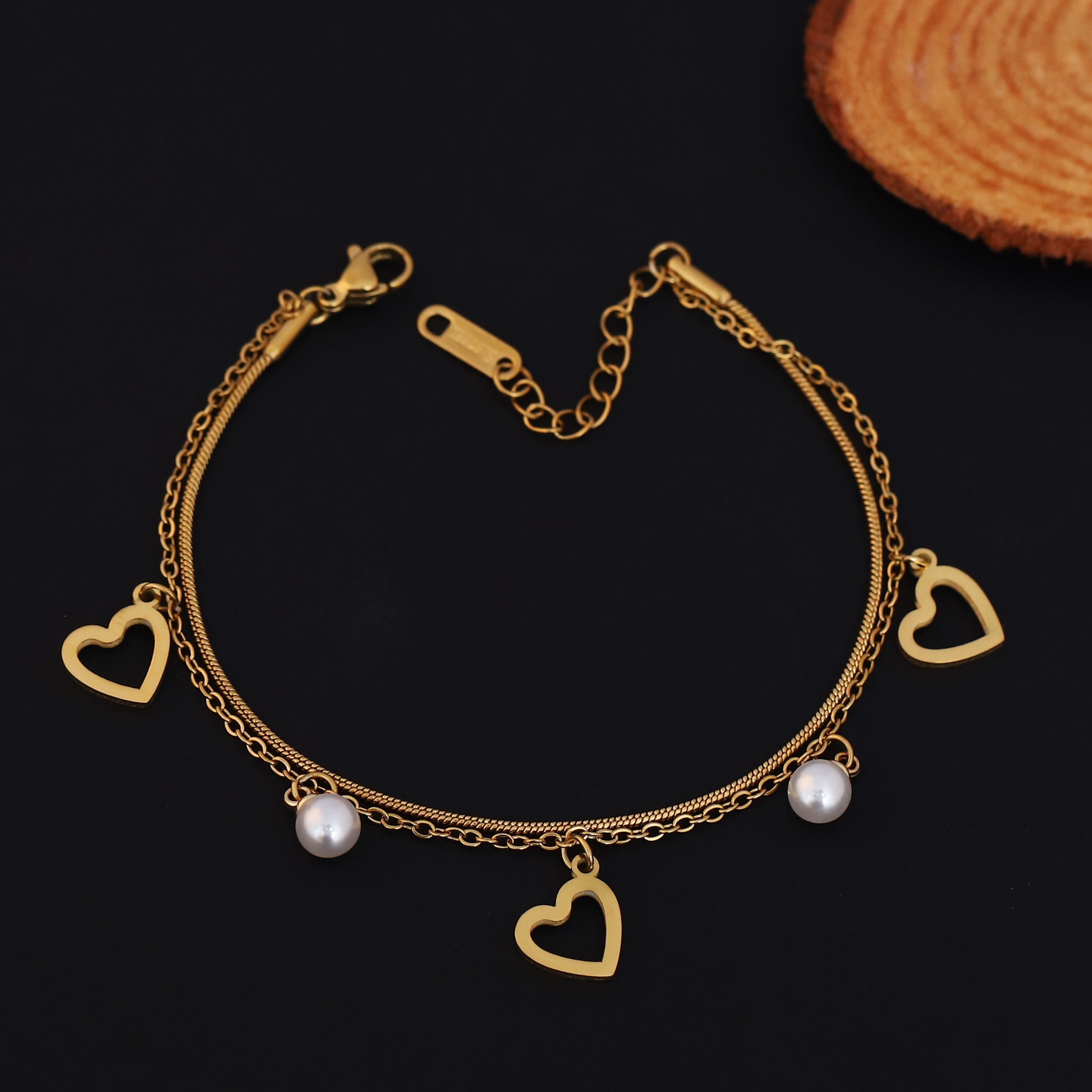 Heart Charms Chain Bracelet Gold Plated – Double Layer, Anti-Tarnish, Waterproof, Minimalist Style (GOLD)