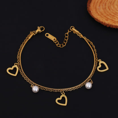 Heart Charms Chain Bracelet Gold Plated – Double Layer, Anti-Tarnish, Waterproof, Minimalist Style (GOLD)