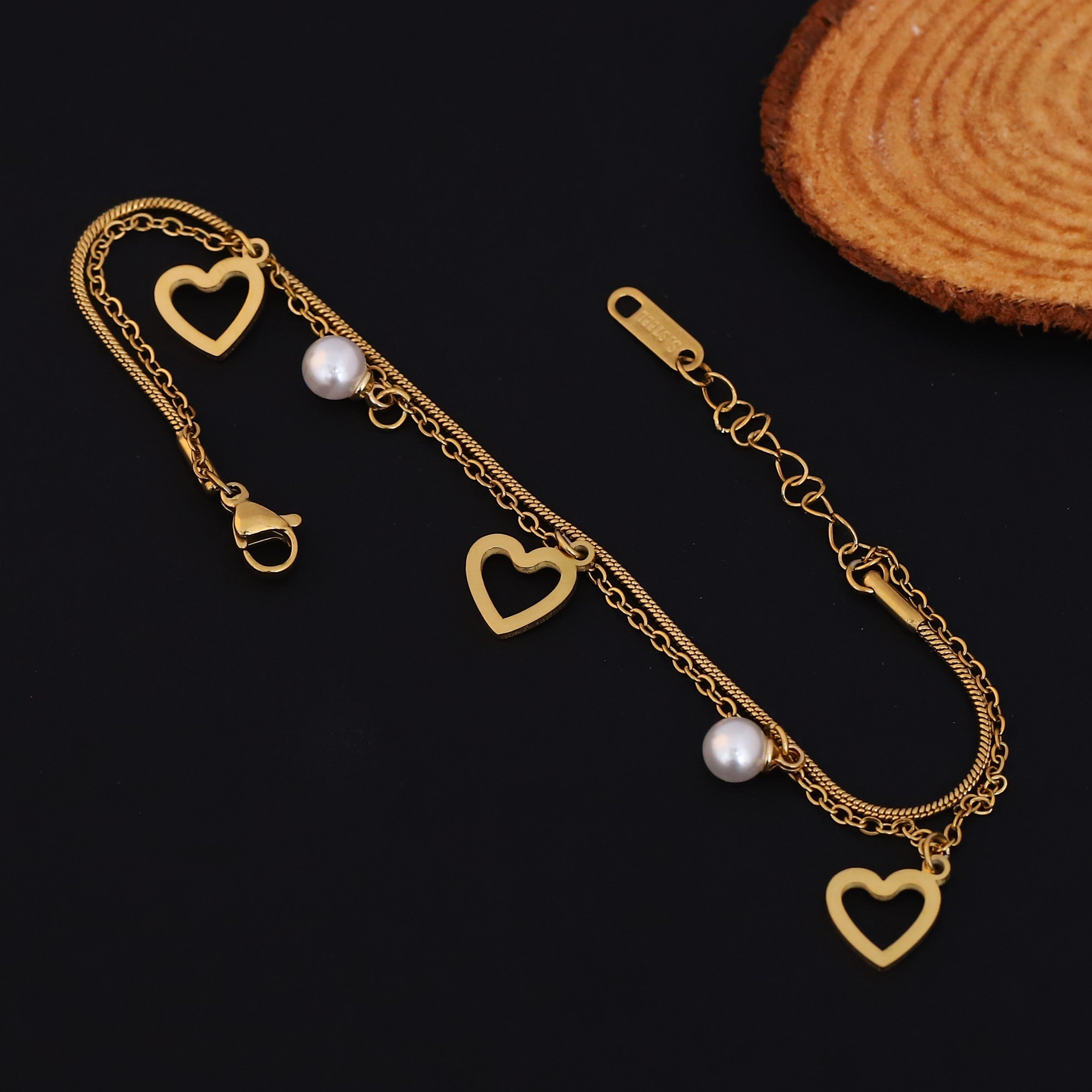 Heart Charms Chain Bracelet Gold Plated – Double Layer, Anti-Tarnish, Waterproof, Minimalist Style (GOLD)