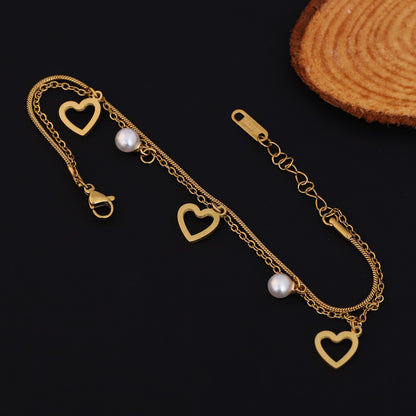 Heart Charms Chain Bracelet Gold Plated – Double Layer, Anti-Tarnish, Waterproof, Minimalist Style (GOLD)