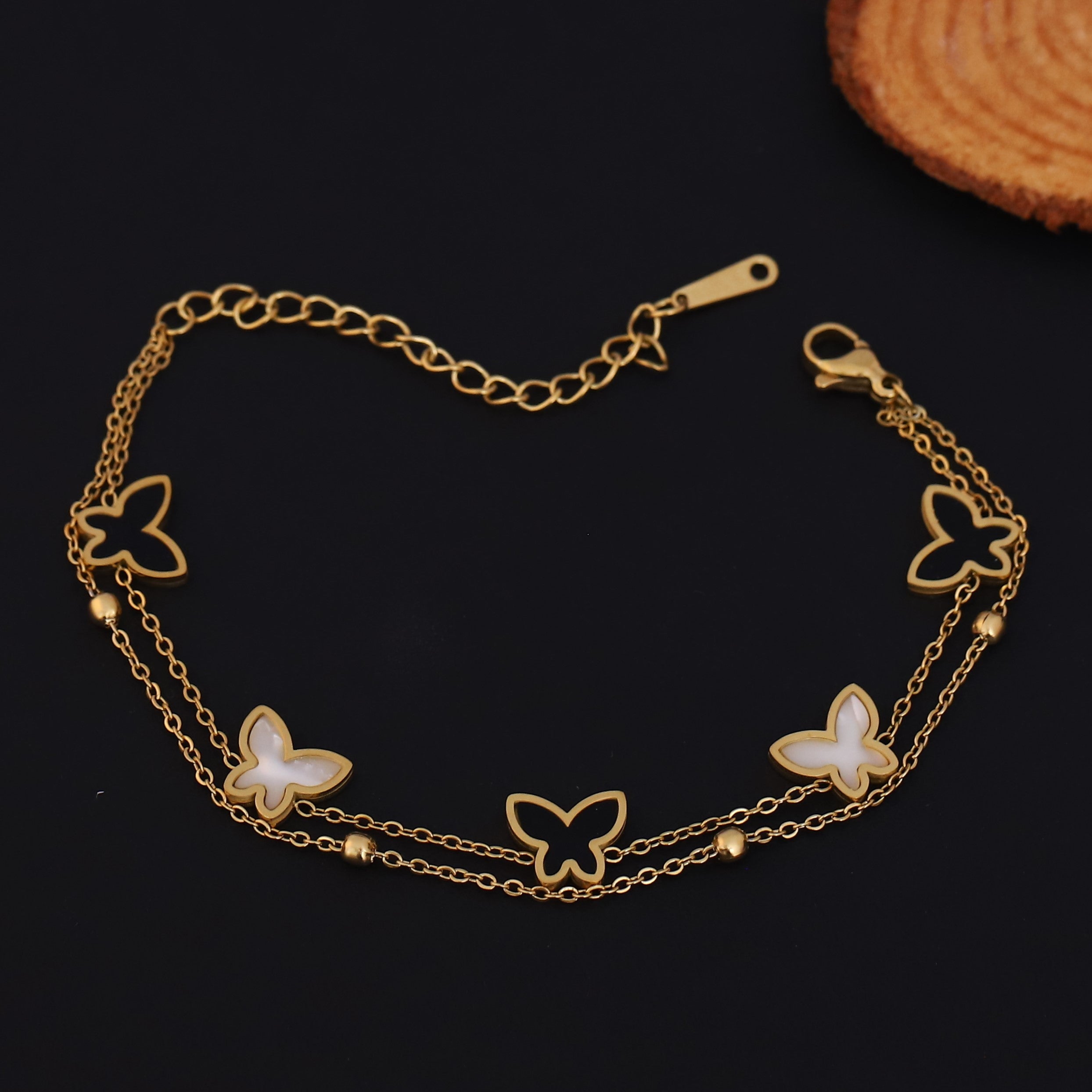 Butterfly Charms Chain Bracelet Gold Plated – Double Layer, Anti-Tarnish, Waterproof, Minimalist Style (GOLD)
