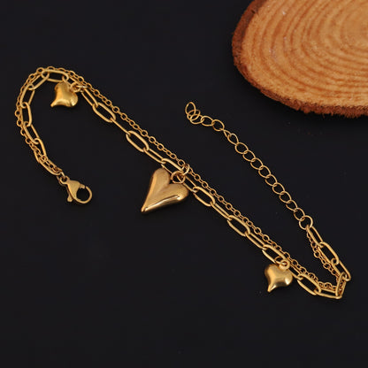 Heart Charms Chain Bracelet Gold Plated – Double Layer, Anti-Tarnish, Waterproof, Minimalist Style (GOLD)