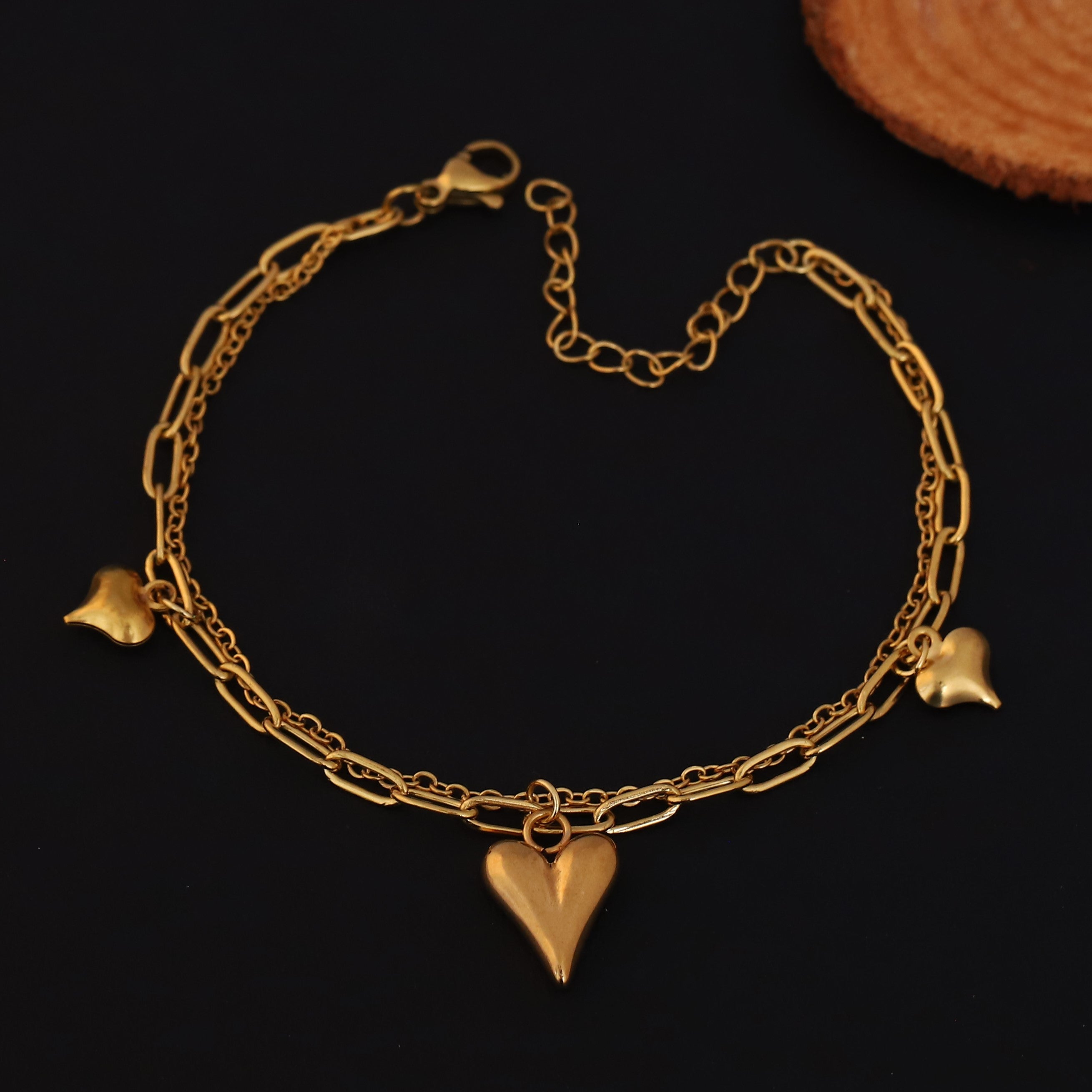 Heart Charms Chain Bracelet Gold Plated – Double Layer, Anti-Tarnish, Waterproof, Minimalist Style (GOLD)