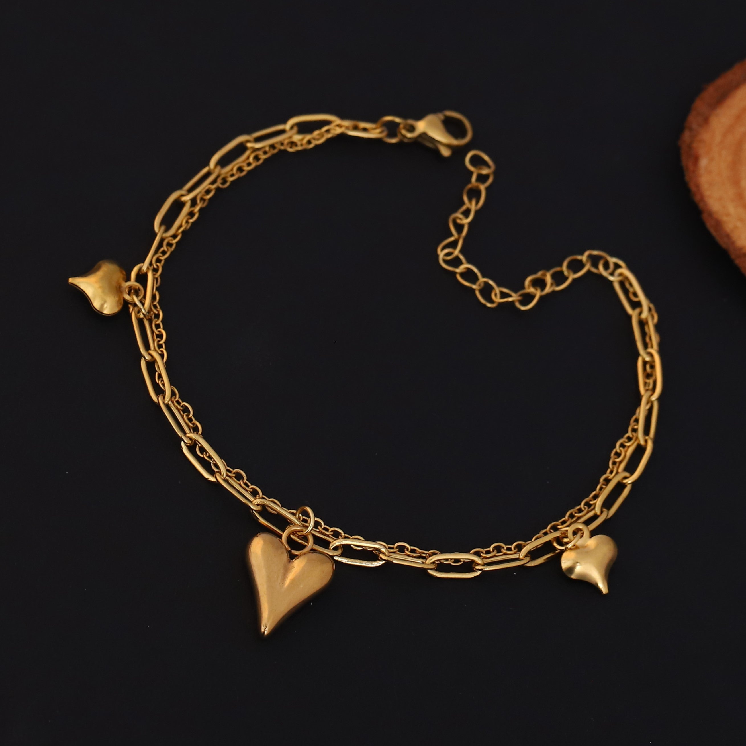 Heart Charms Chain Bracelet Gold Plated – Double Layer, Anti-Tarnish, Waterproof, Minimalist Style (GOLD)