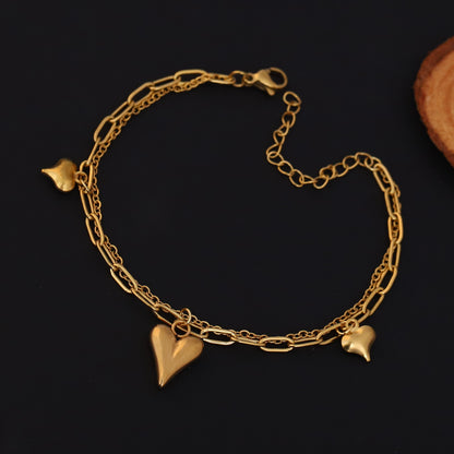 Heart Charms Chain Bracelet Gold Plated – Double Layer, Anti-Tarnish, Waterproof, Minimalist Style (GOLD)