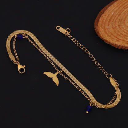 Fish Wings Charm & Pearl Chain Bracelet Gold Plated – Double Layer, Anti-Tarnish, Waterproof, Minimalist Style (GOLD)