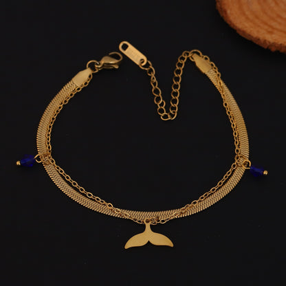 Fish Wings Charm & Pearl Chain Bracelet Gold Plated – Double Layer, Anti-Tarnish, Waterproof, Minimalist Style (GOLD)