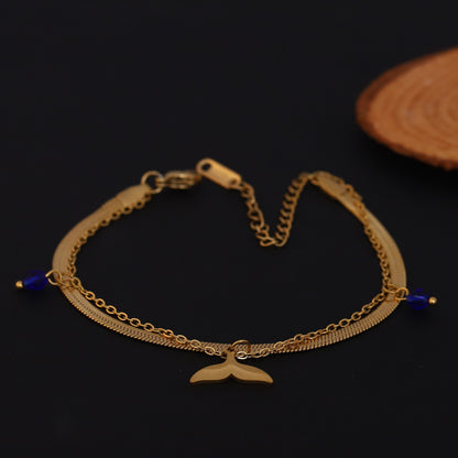 Fish Wings Charm & Pearl Chain Bracelet Gold Plated – Double Layer, Anti-Tarnish, Waterproof, Minimalist Style (GOLD)
