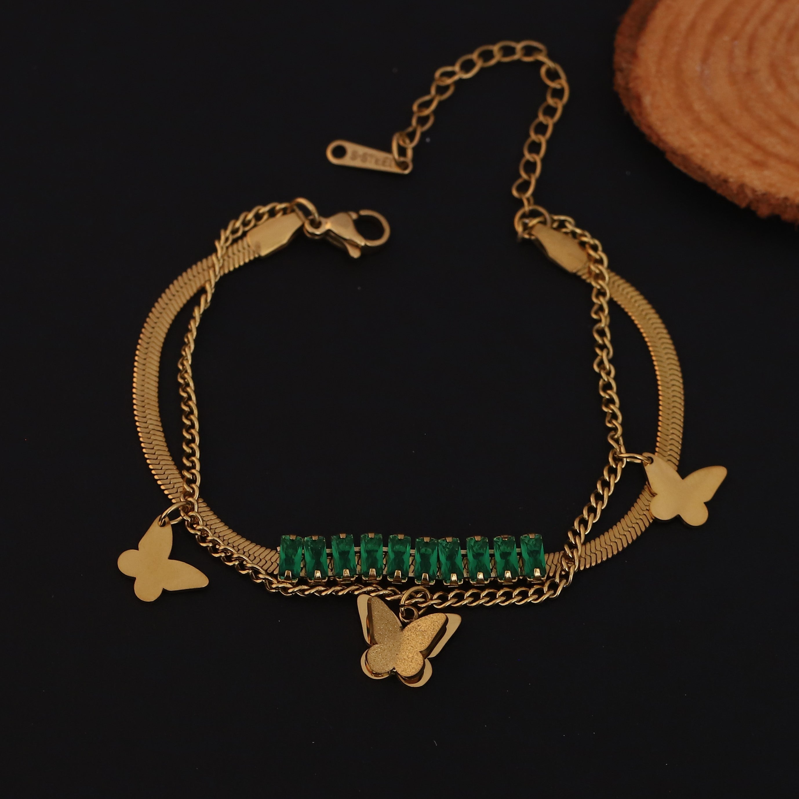 Butterfly Charms Green Stones Chain Bracelet Gold Plated – Double Layer, Anti-Tarnish, Waterproof, Minimalist Style (GOLD)