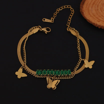 Butterfly Charms Green Stones Chain Bracelet Gold Plated – Double Layer, Anti-Tarnish, Waterproof, Minimalist Style (GOLD)