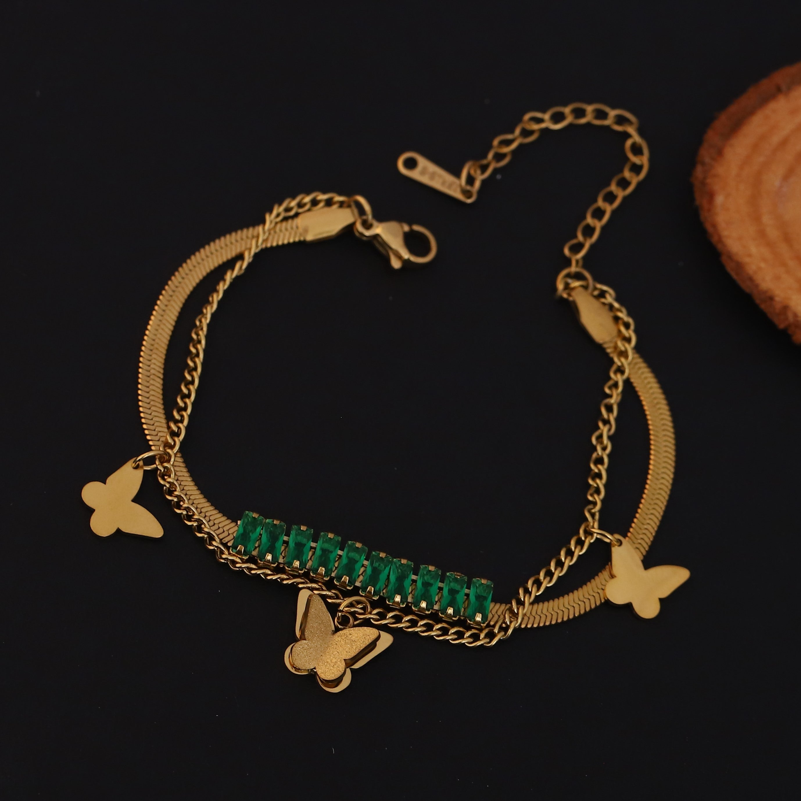 Butterfly Charms Green Stones Chain Bracelet Gold Plated – Double Layer, Anti-Tarnish, Waterproof, Minimalist Style (GOLD)