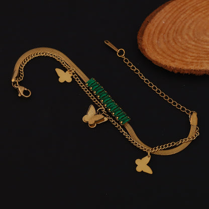 Butterfly Charms Green Stones Chain Bracelet Gold Plated – Double Layer, Anti-Tarnish, Waterproof, Minimalist Style (GOLD)