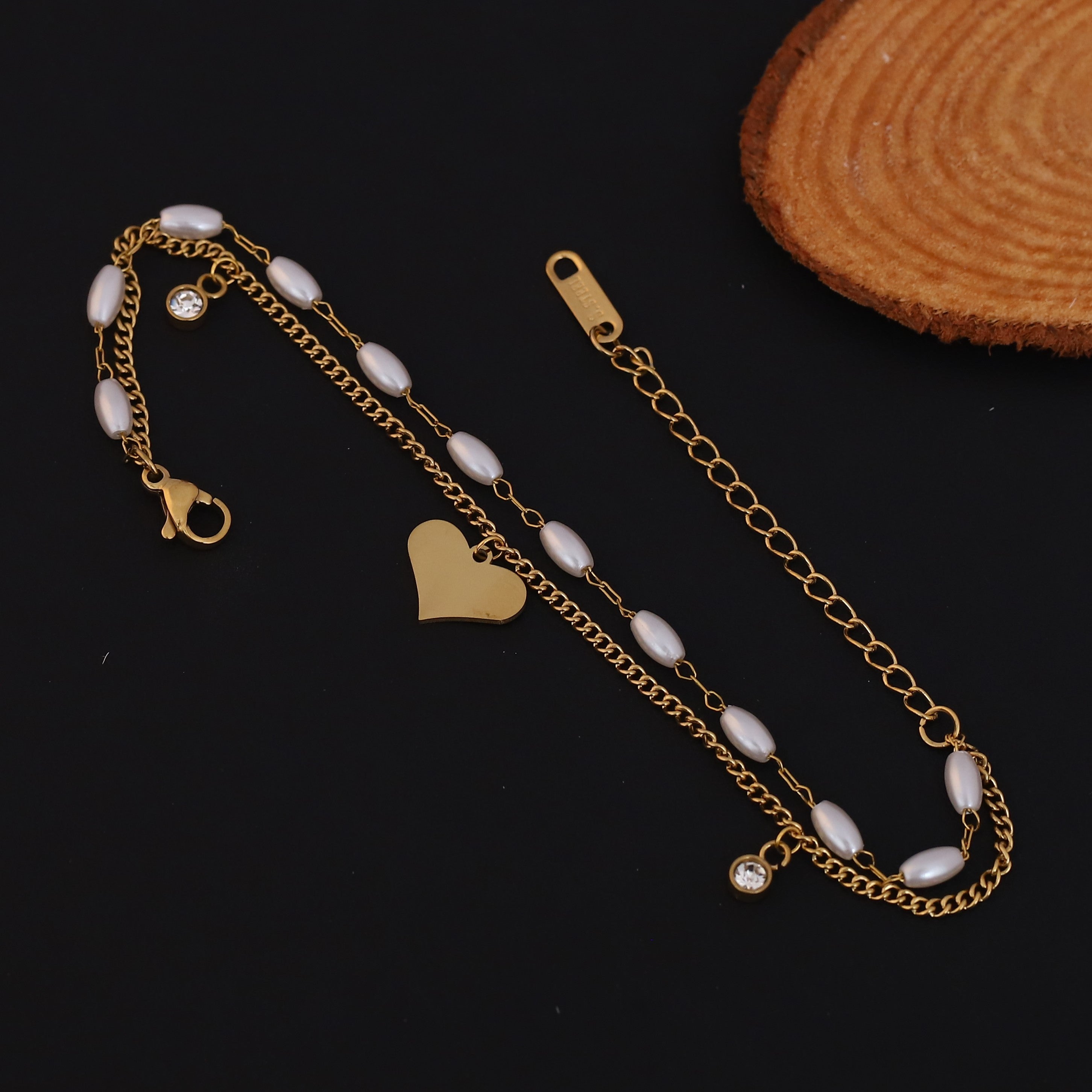 Heart Charm & Pearl Chain Bracelet Gold Plated – Double Layer, Anti-Tarnish, Waterproof, Minimalist Style (GOLD)