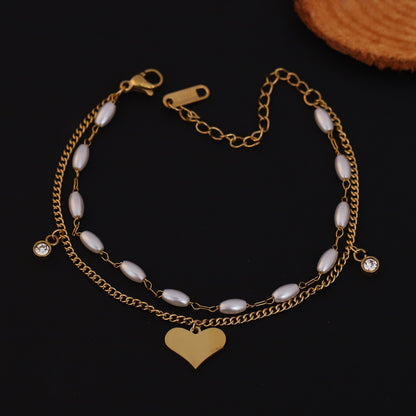 Heart Charm & Pearl Chain Bracelet Gold Plated – Double Layer, Anti-Tarnish, Waterproof, Minimalist Style (GOLD)
