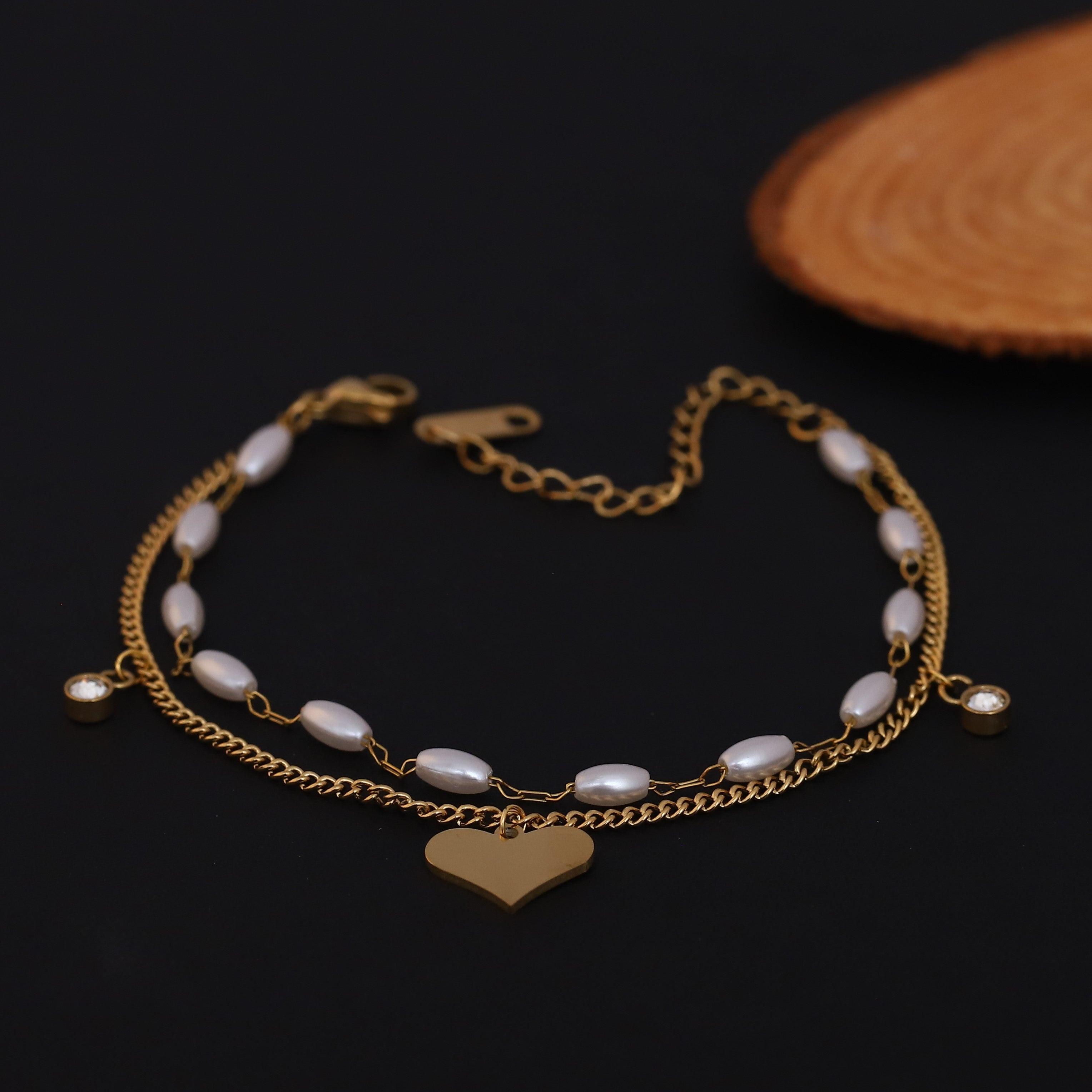 Heart Charm & Pearl Chain Bracelet Gold Plated – Double Layer, Anti-Tarnish, Waterproof, Minimalist Style (GOLD)