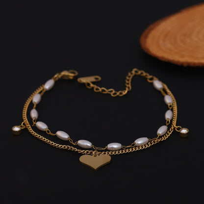 Heart Charm & Pearl Chain Bracelet Gold Plated – Double Layer, Anti-Tarnish, Waterproof, Minimalist Style (GOLD)