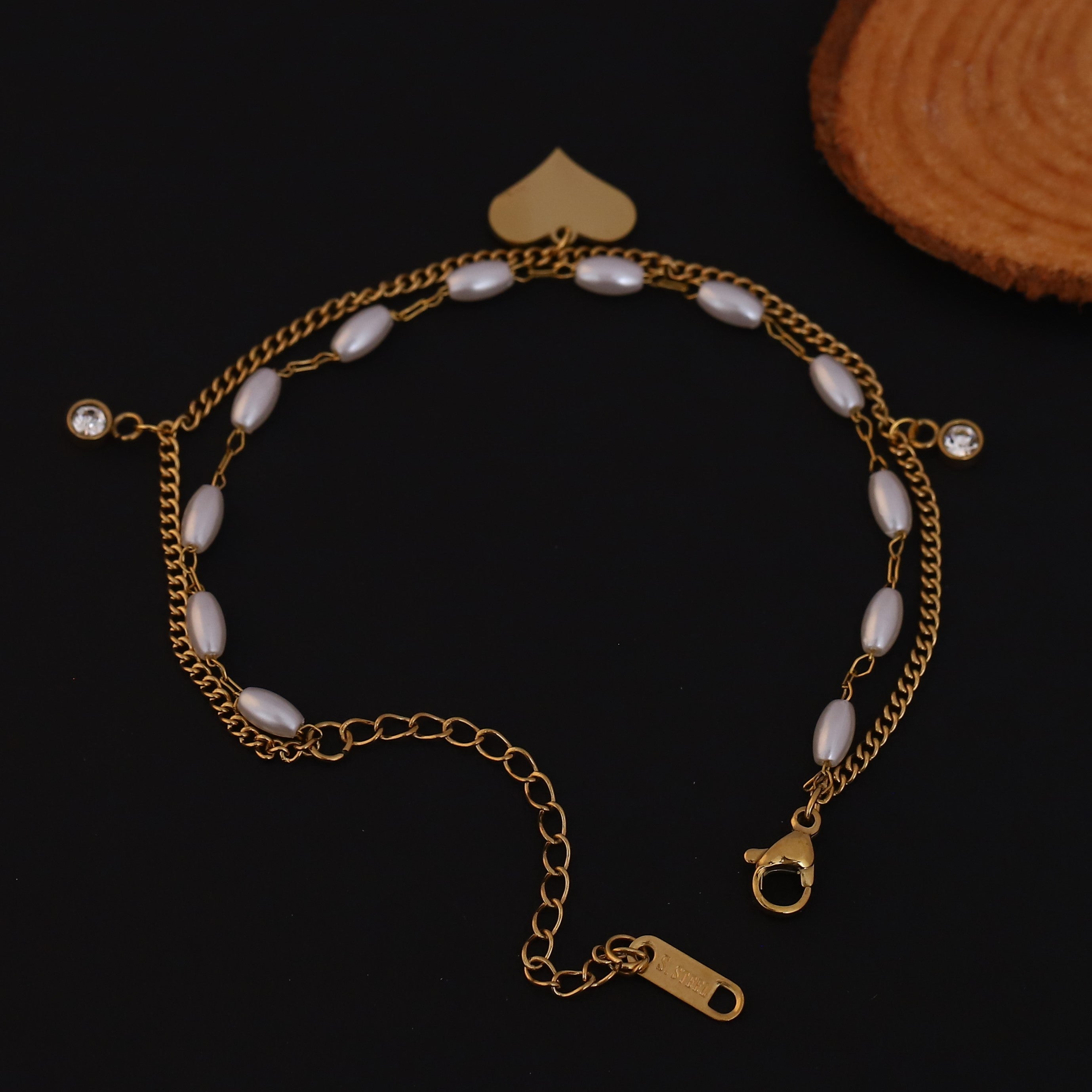 Heart Charm & Pearl Chain Bracelet Gold Plated – Double Layer, Anti-Tarnish, Waterproof, Minimalist Style (GOLD)