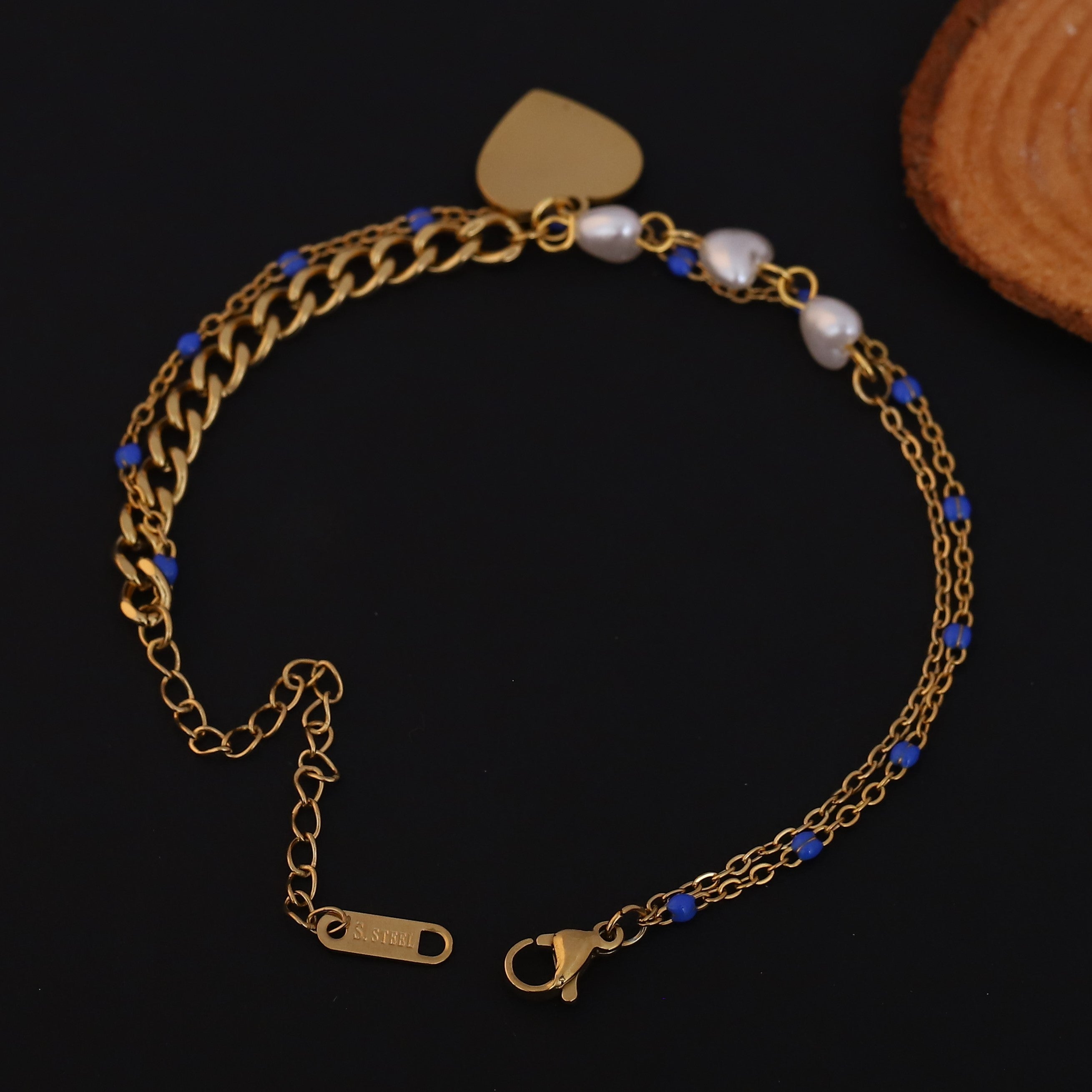 Heart Charm Pearl Chain Bracelet Gold Plated – Double Layer, Anti-Tarnish, Waterproof(GOLD)