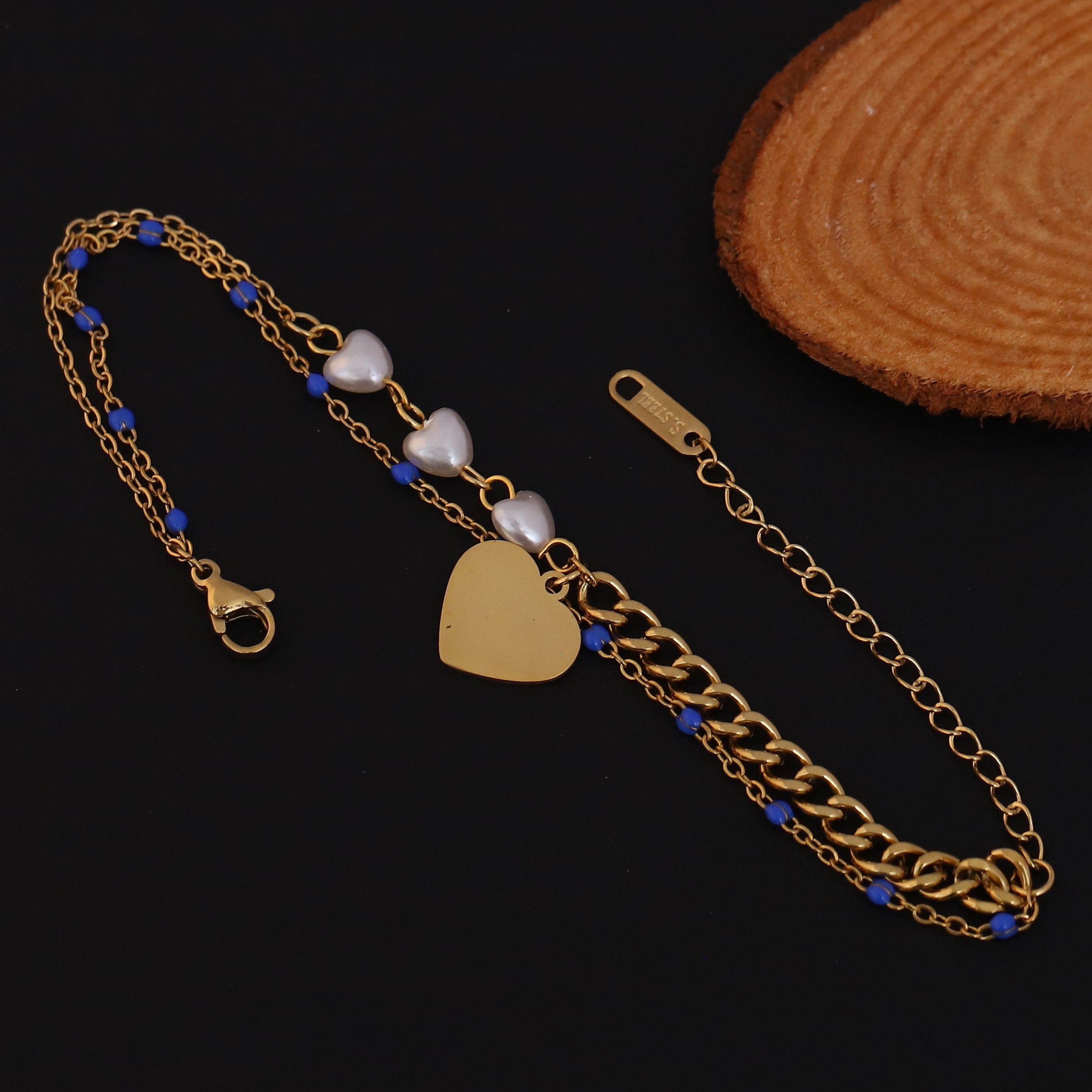 Heart Charm Pearl Chain Bracelet Gold Plated – Double Layer, Anti-Tarnish, Waterproof(GOLD)