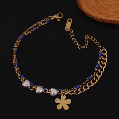 Flower Charm Chain Bracelet Gold Plated – Double Layer, Anti-Tarnish, Waterproof(GOLD)