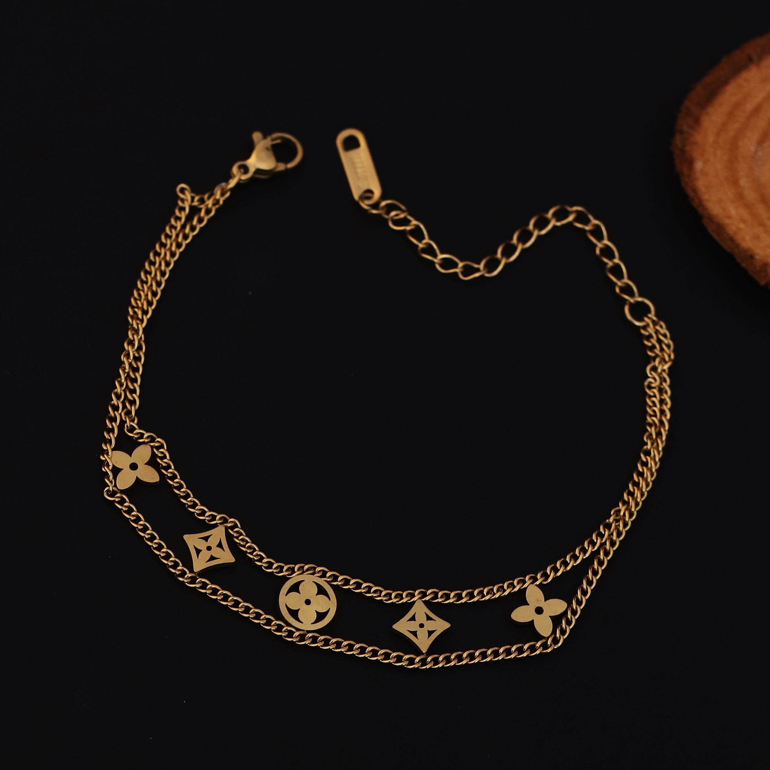 Flower Charms Chain Bracelet Gold Plated – Double Layer, Anti-Tarnish, Waterproof (GOLD)