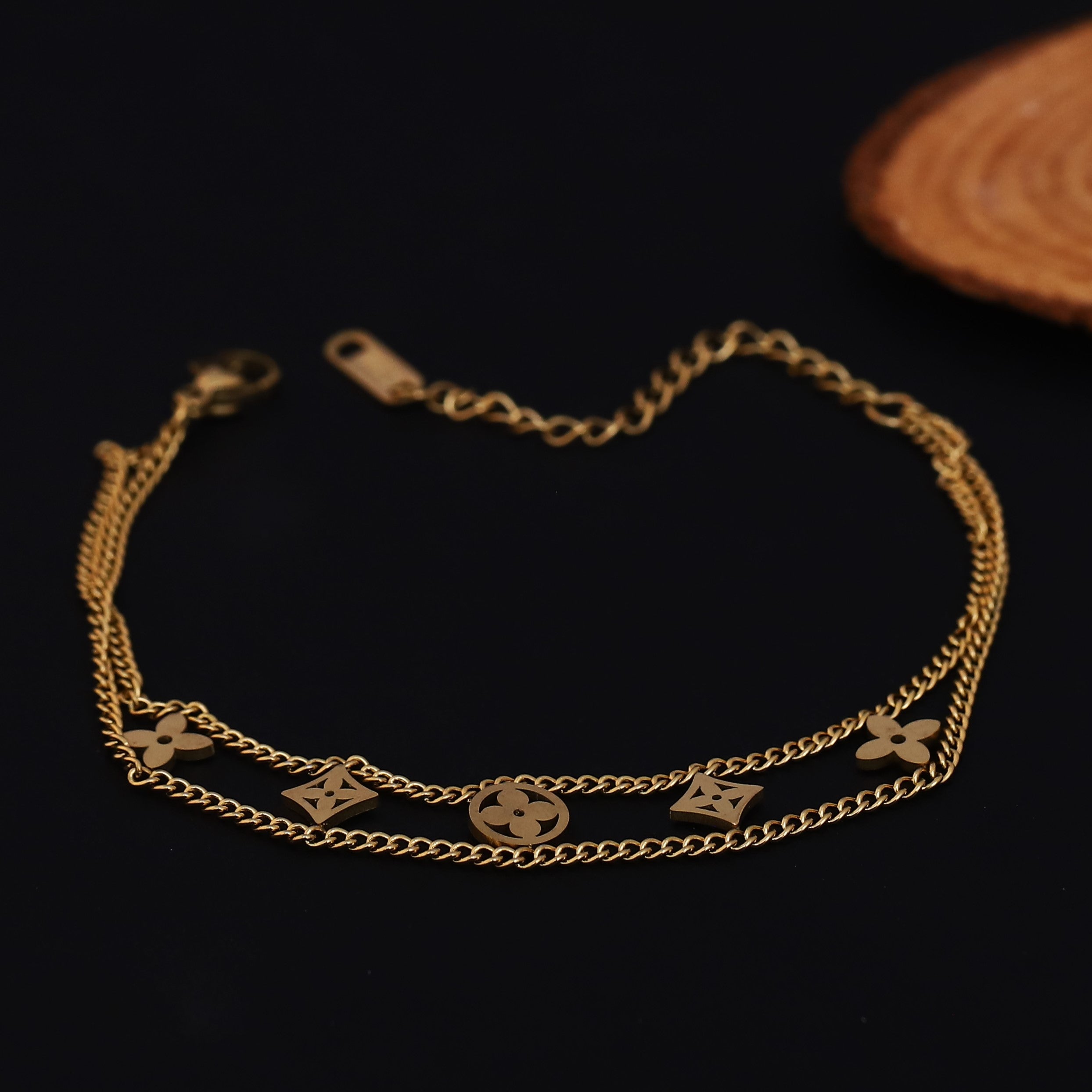 Flower Charms Chain Bracelet Gold Plated – Double Layer, Anti-Tarnish, Waterproof (GOLD)