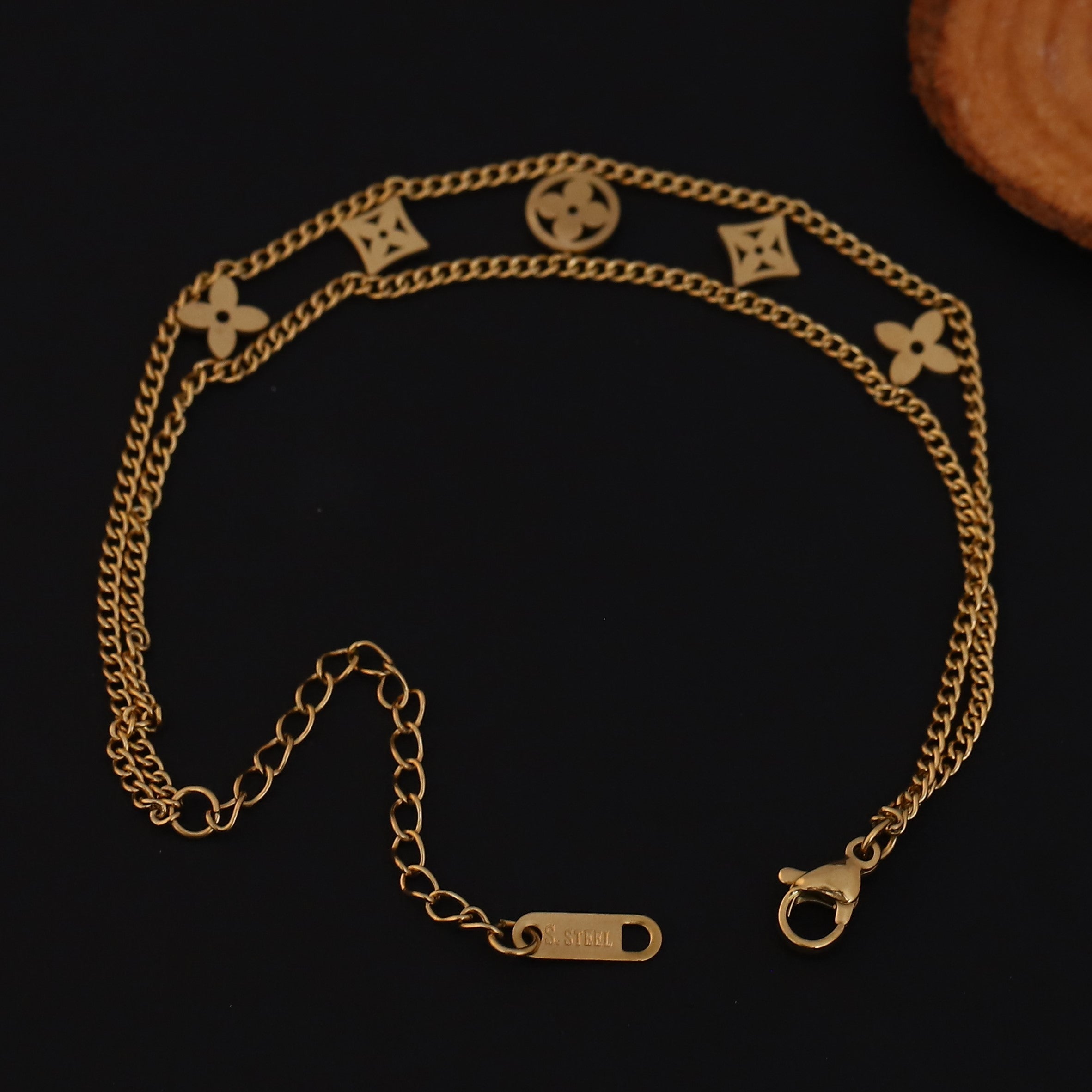 Flower Charms Chain Bracelet Gold Plated – Double Layer, Anti-Tarnish, Waterproof (GOLD)