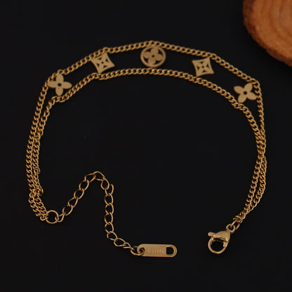 Flower Charms Chain Bracelet Gold Plated – Double Layer, Anti-Tarnish, Waterproof (GOLD)