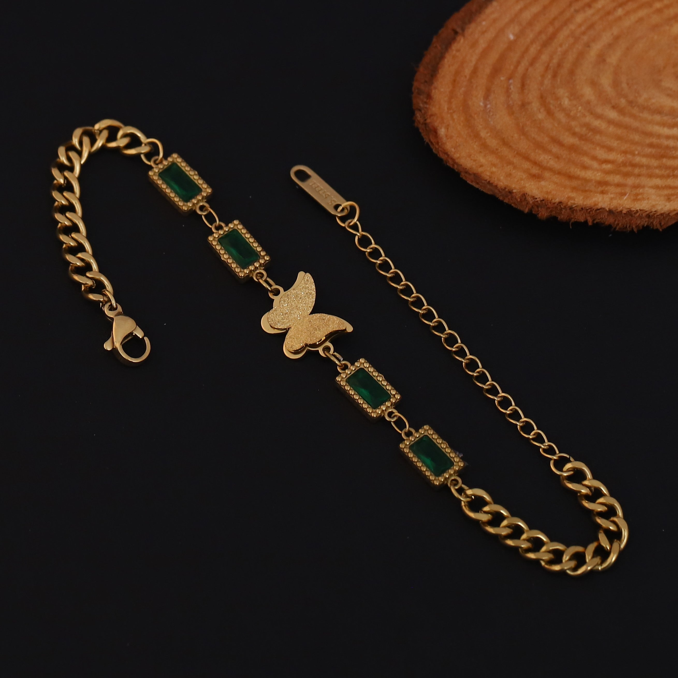 Butterfly Charms Green Stones Chain Bracelet Gold Plated – Double Layer, Anti-Tarnish, Waterproof, Minimalist Style (GOLD)