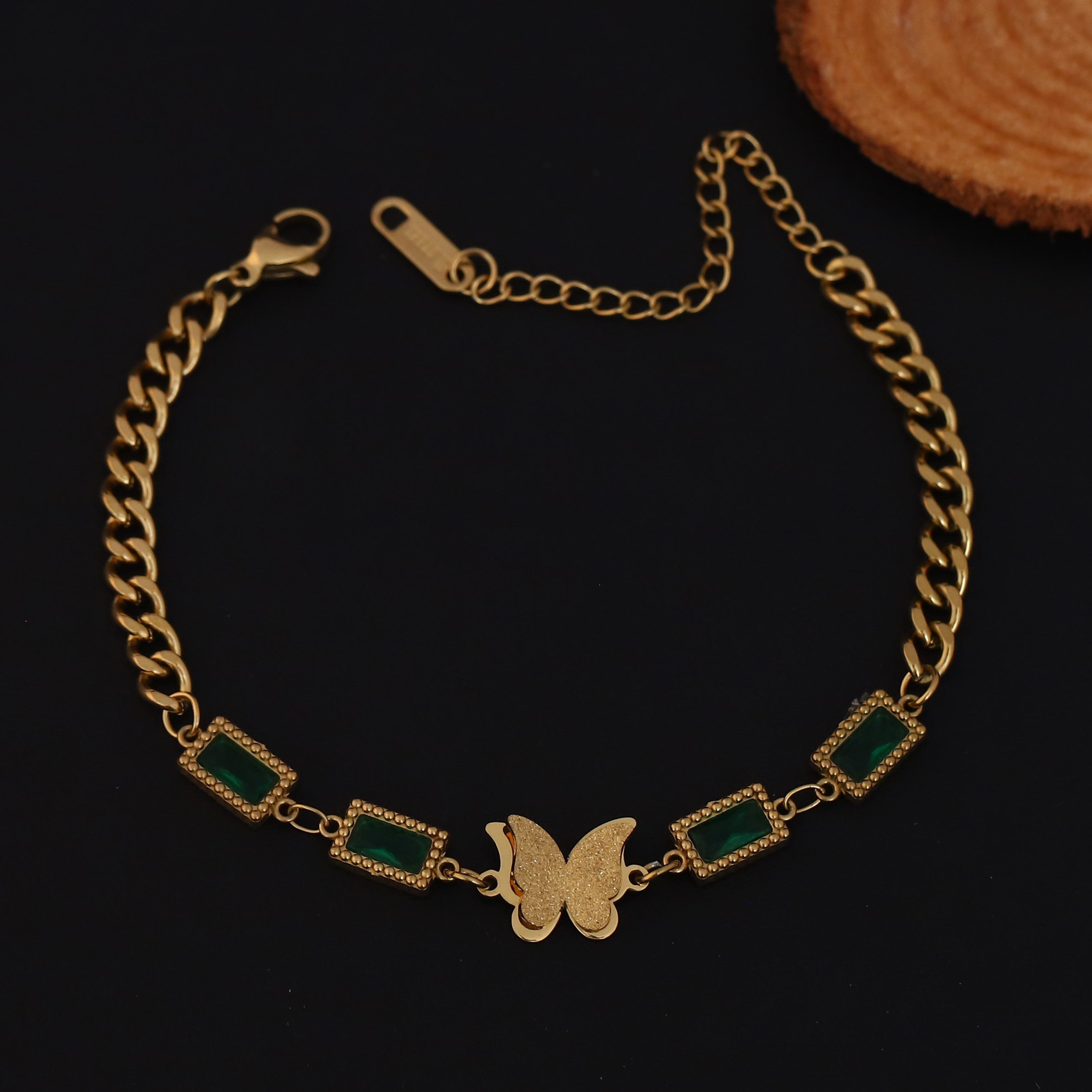 Butterfly Charms Green Stones Chain Bracelet Gold Plated – Double Layer, Anti-Tarnish, Waterproof, Minimalist Style (GOLD)