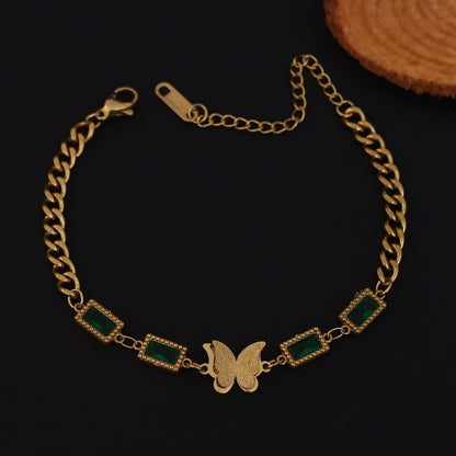 Butterfly Charms Green Stones Chain Bracelet Gold Plated – Double Layer, Anti-Tarnish, Waterproof, Minimalist Style (GOLD)
