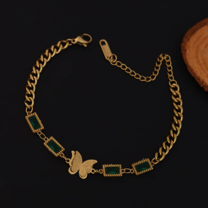 Butterfly Charms Green Stones Chain Bracelet Gold Plated – Double Layer, Anti-Tarnish, Waterproof, Minimalist Style (GOLD)