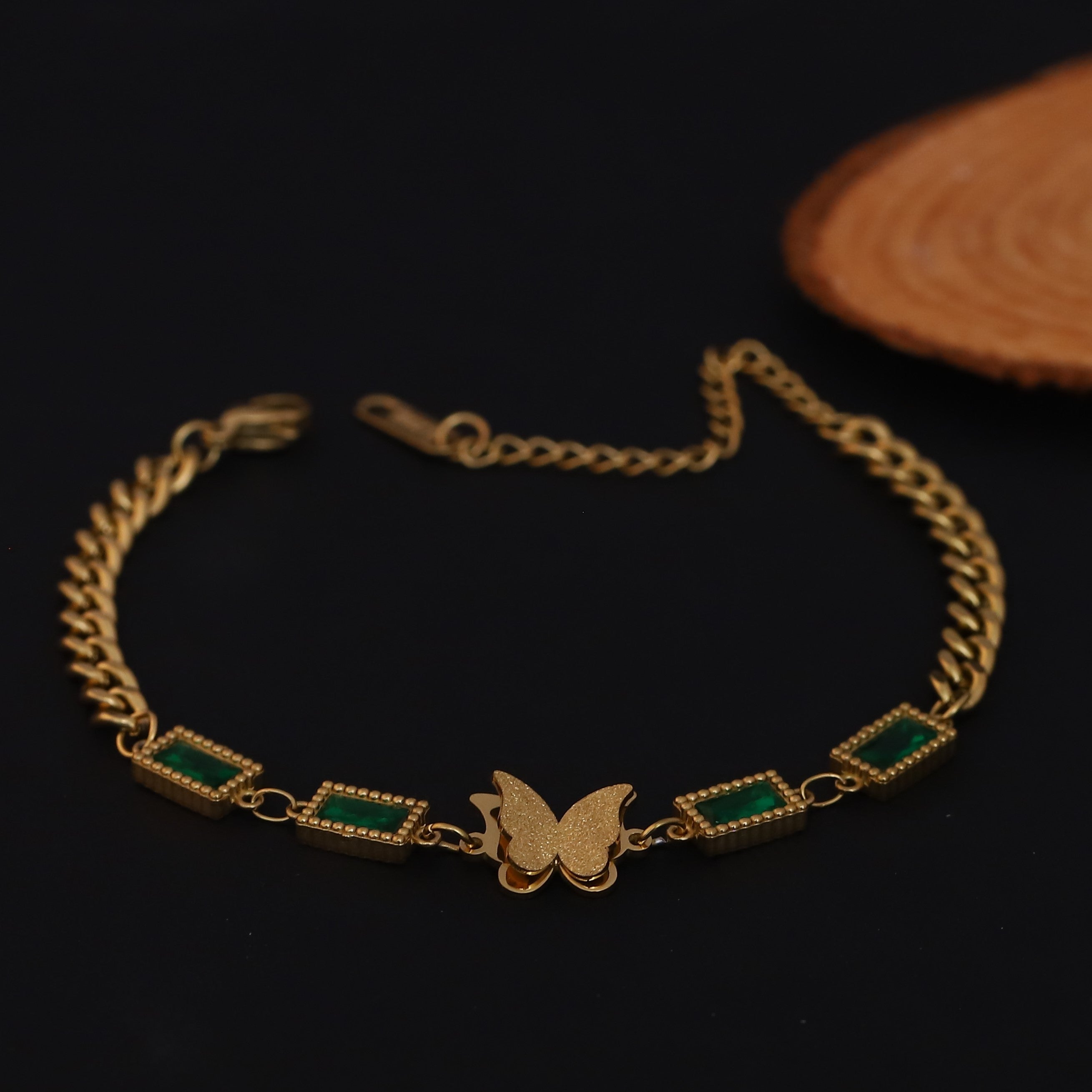 Butterfly Charms Green Stones Chain Bracelet Gold Plated – Double Layer, Anti-Tarnish, Waterproof, Minimalist Style (GOLD)