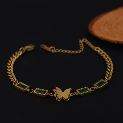 Butterfly Charms Green Stones Chain Bracelet Gold Plated – Double Layer, Anti-Tarnish, Waterproof, Minimalist Style (GOLD)