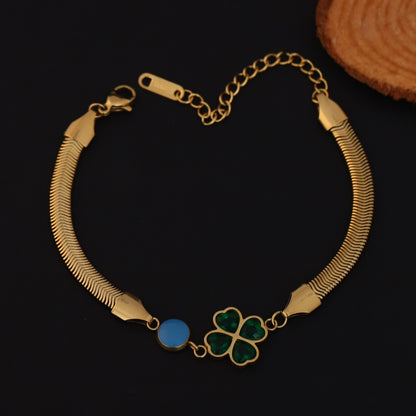 Flower Green Stone Snake Chain Bracelet Gold Plated – Double Layer, Anti-Tarnish, Waterproof, Minimalist Style (GOLD)