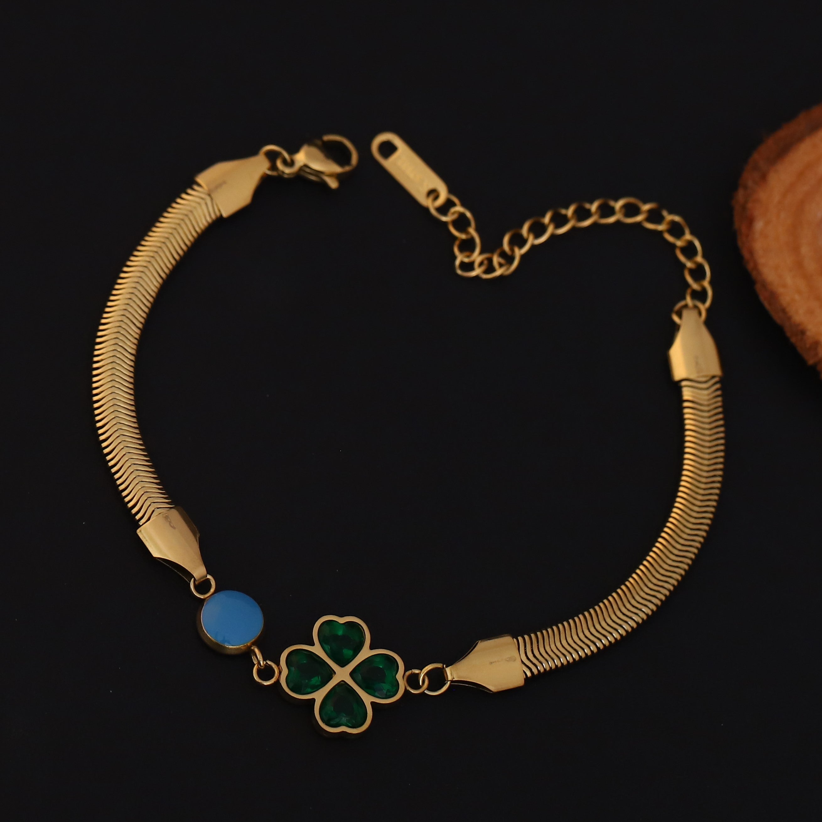 Flower Green Stone Snake Chain Bracelet Gold Plated – Double Layer, Anti-Tarnish, Waterproof, Minimalist Style (GOLD)