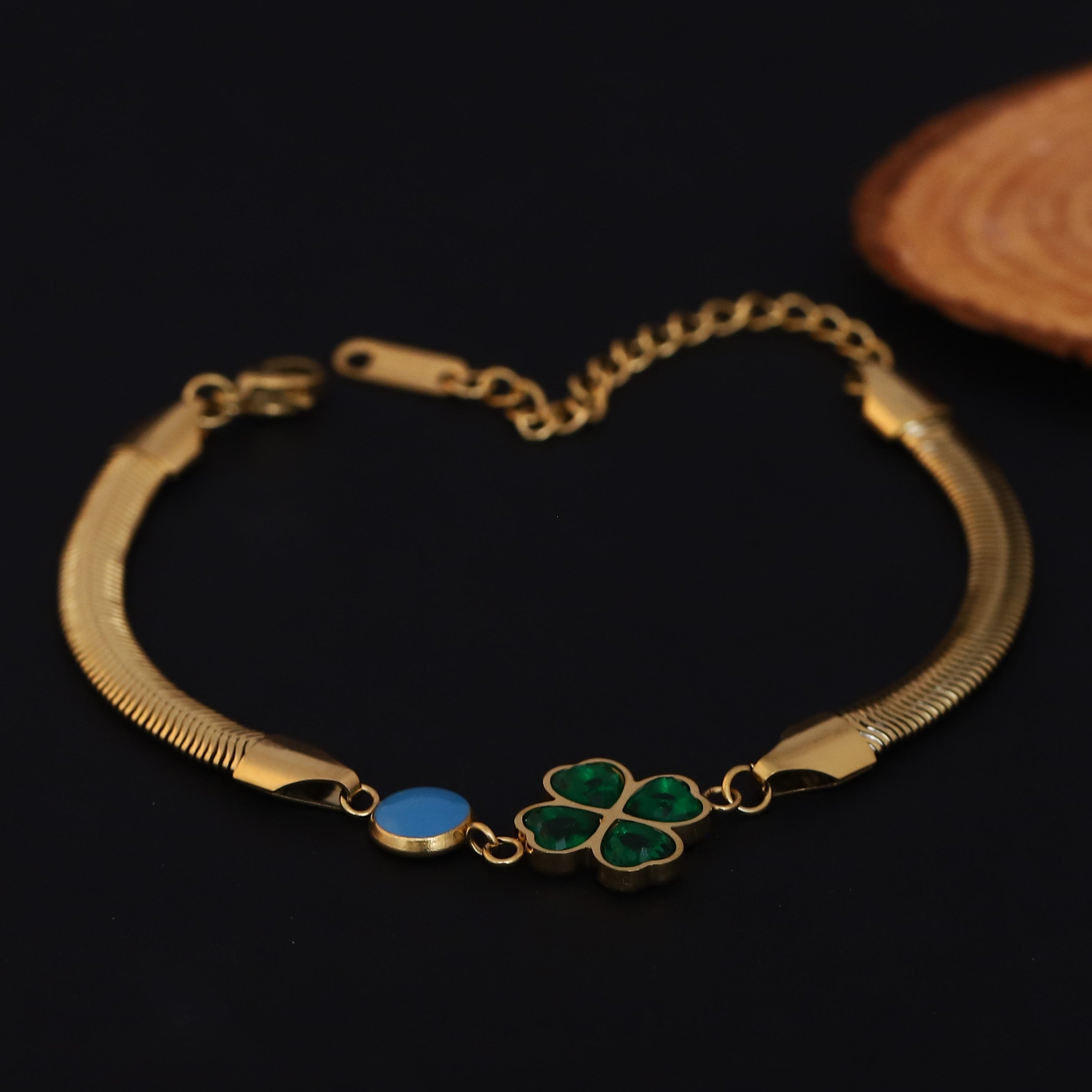 Flower Green Stone Snake Chain Bracelet Gold Plated – Double Layer, Anti-Tarnish, Waterproof, Minimalist Style (GOLD)
