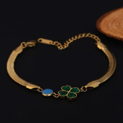 Flower Green Stone Snake Chain Bracelet Gold Plated – Double Layer, Anti-Tarnish, Waterproof, Minimalist Style (GOLD)