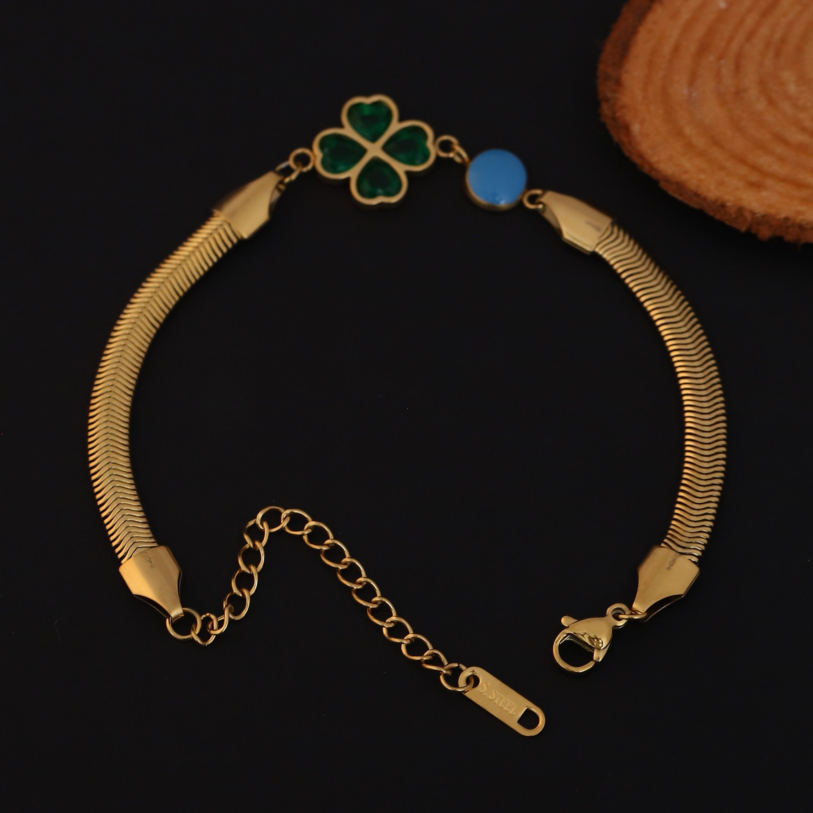 Flower Green Stone Snake Chain Bracelet Gold Plated – Double Layer, Anti-Tarnish, Waterproof, Minimalist Style (GOLD)