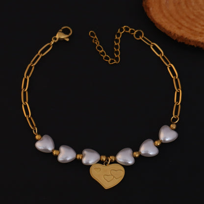 Heart Charm & Pearl Chain Bracelet Gold Plated – Double Layer, Anti-Tarnish, Waterproof, Minimalist Style (GOLD)