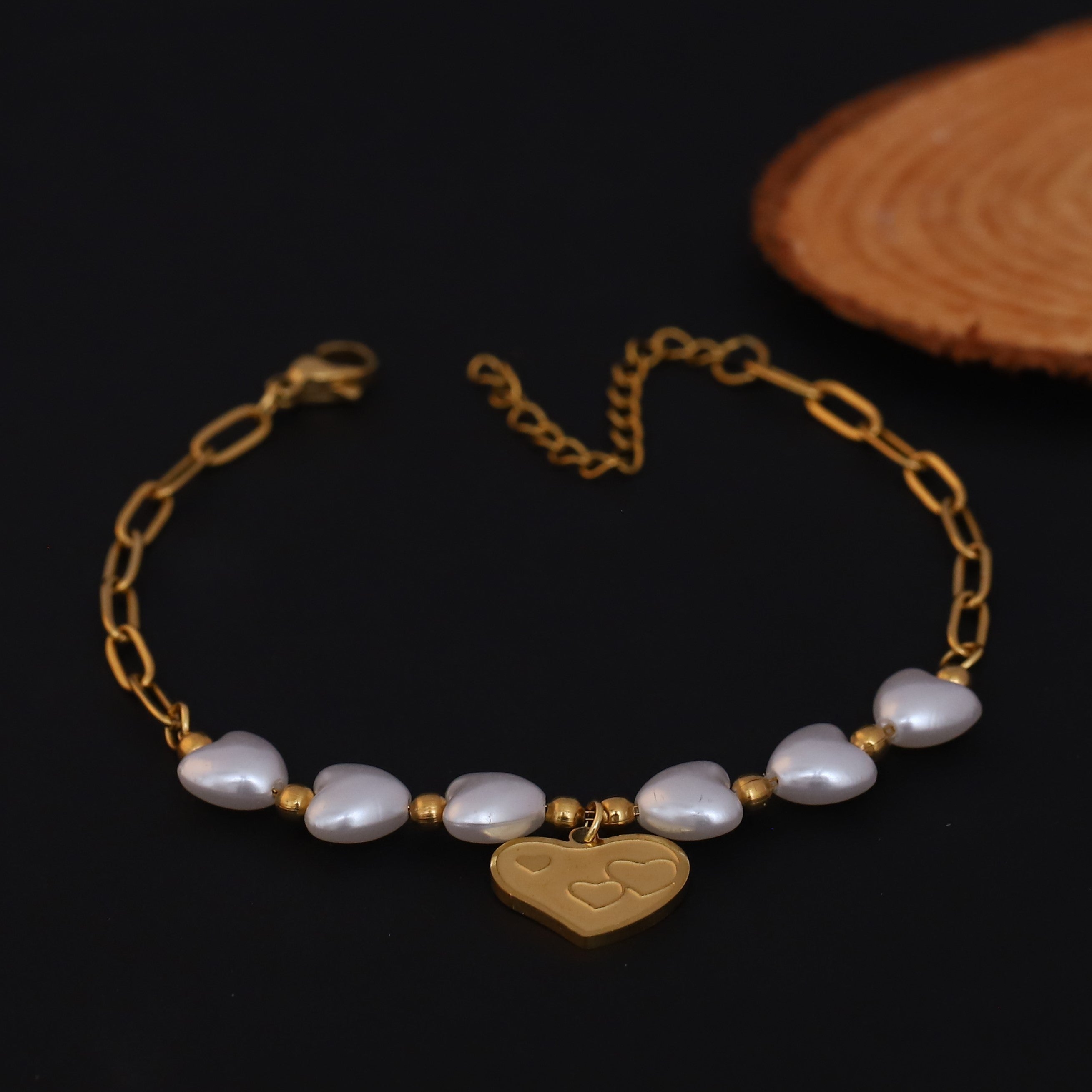 Heart Charm & Pearl Chain Bracelet Gold Plated – Double Layer, Anti-Tarnish, Waterproof, Minimalist Style (GOLD)