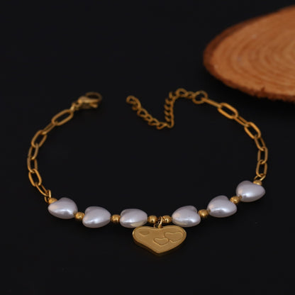 Heart Charm & Pearl Chain Bracelet Gold Plated – Double Layer, Anti-Tarnish, Waterproof, Minimalist Style (GOLD)