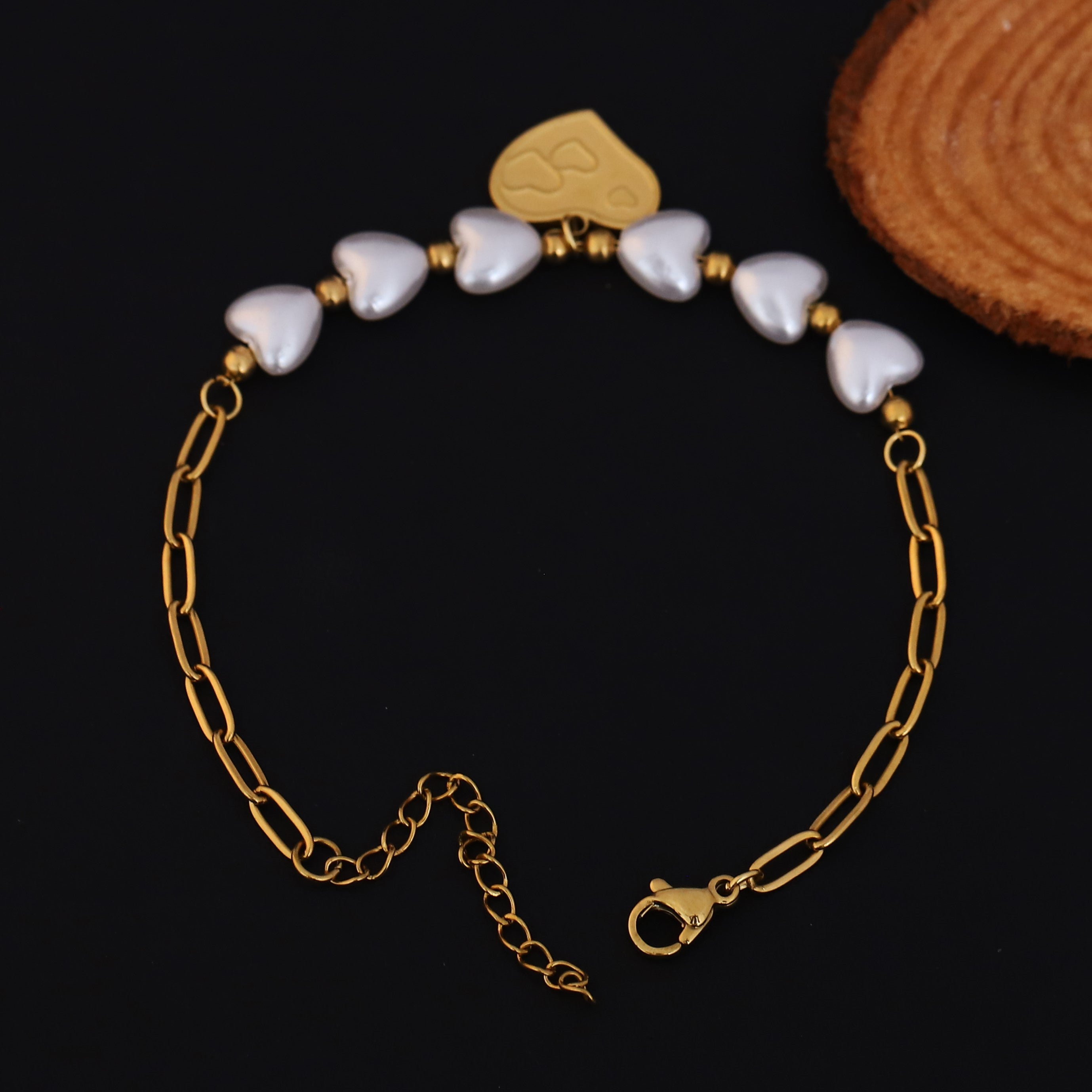 Heart Charm & Pearl Chain Bracelet Gold Plated – Double Layer, Anti-Tarnish, Waterproof, Minimalist Style (GOLD)