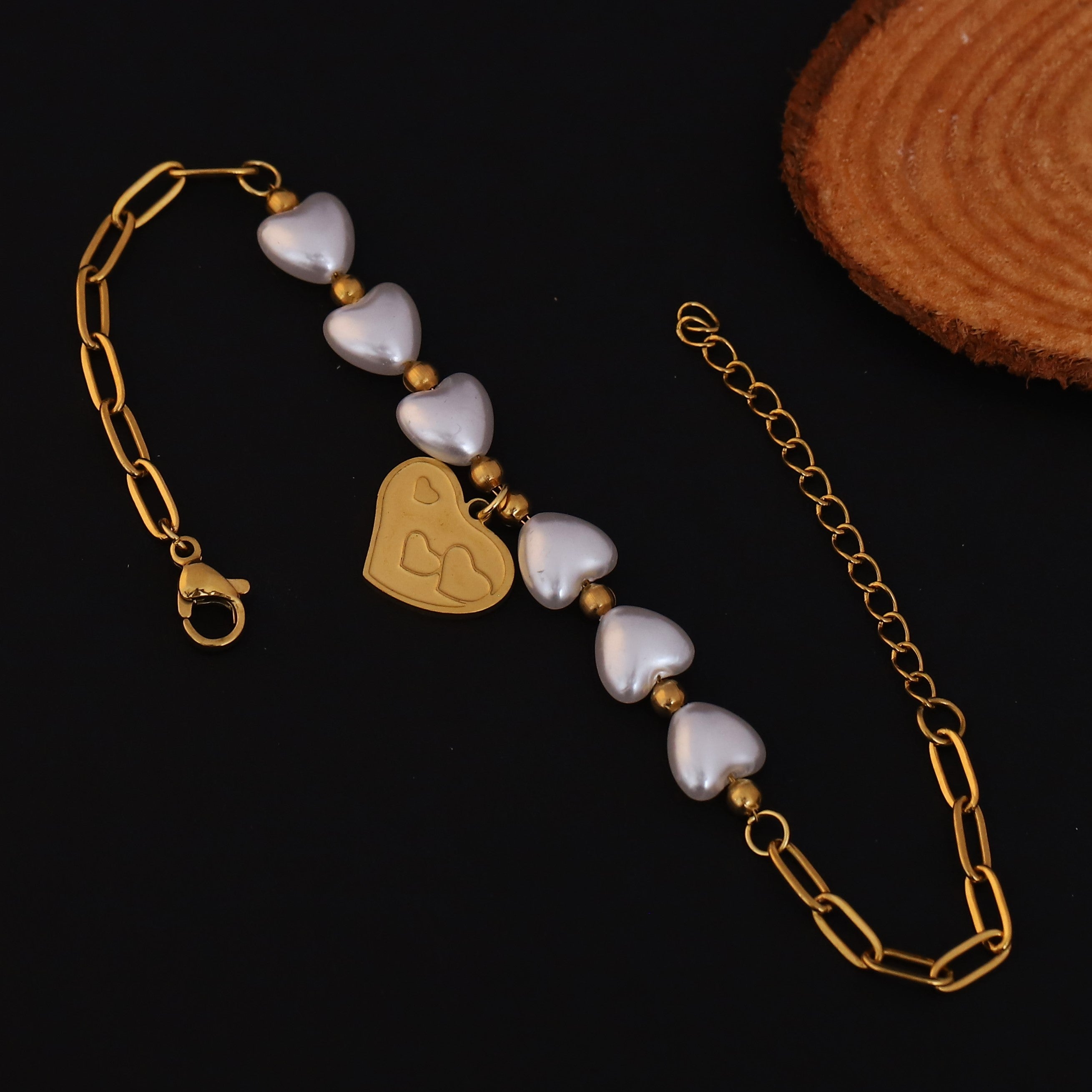 Heart Charm & Pearl Chain Bracelet Gold Plated – Double Layer, Anti-Tarnish, Waterproof, Minimalist Style (GOLD)
